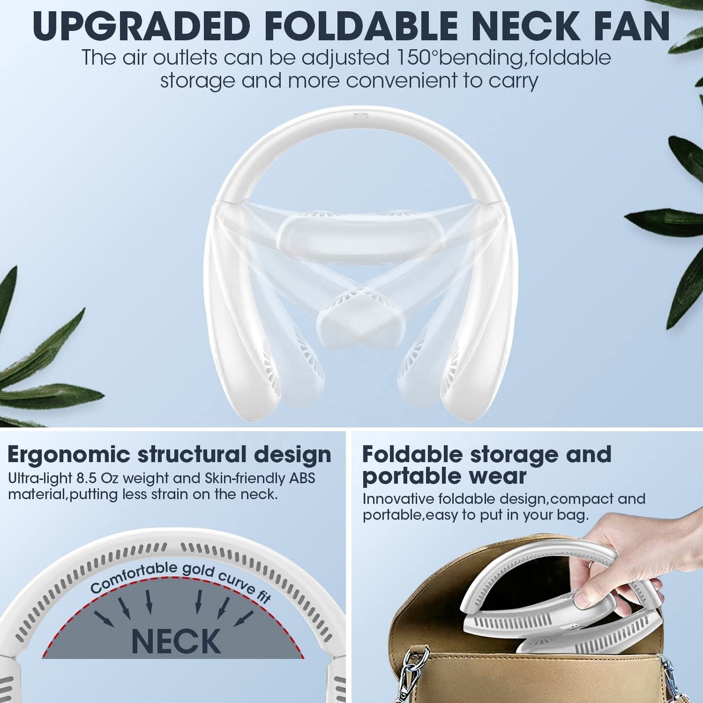 SR Foldable LED Digital Display Outdoor Rechargeable Electric Air Cooling Portable Bladeless Neck Fan with Three Speed