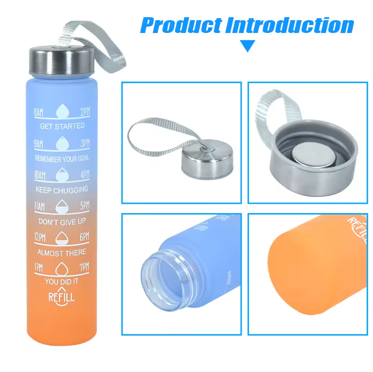 Sports Water Bottles 3 Pcs Set with Motivational Time Marker & Leak Proof Flip Top Lid for School, Fitness Enthusiasts & Indoor Outdoor Activities- Black