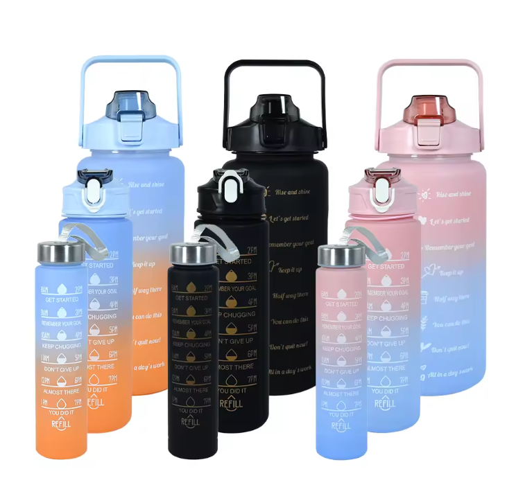 Sports Water Bottles 3 Pcs Set with Motivational Time Marker & Leak Proof Flip Top Lid for School, Fitness Enthusiasts & Indoor Outdoor Activities- Pink
