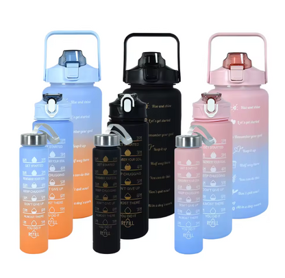 Sports Water Bottles 3 Pcs Set with Motivational Time Marker & Leak Proof Flip Top Lid for School, Fitness Enthusiasts & Indoor Outdoor Activities- Pink