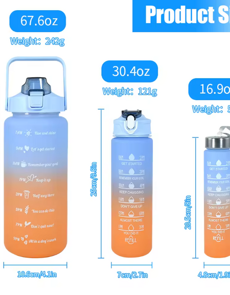 Sports Water Bottles 3 Pcs Set with Motivational Time Marker & Leak Proof Flip Top Lid for School, Fitness Enthusiasts & Indoor Outdoor Activities- Orange