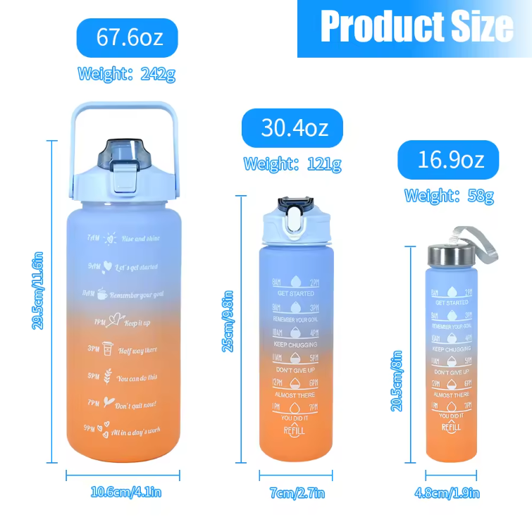 Sports Water Bottles 3 Pcs Set with Motivational Time Marker & Leak Proof Flip Top Lid for School, Fitness Enthusiasts & Indoor Outdoor Activities- Orange
