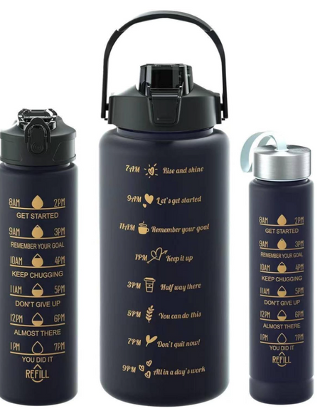 Sports Water Bottles 3 Pcs Set with Motivational Time Marker & Leak Proof Flip Top Lid for School, Fitness Enthusiasts & Indoor Outdoor Activities- Black