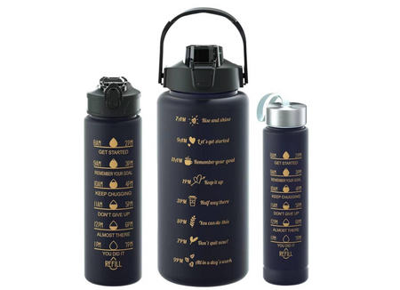 Sports Water Bottles 3 Pcs Set with Motivational Time Marker & Leak Proof Flip Top Lid for School, Fitness Enthusiasts & Indoor Outdoor Activities- Black