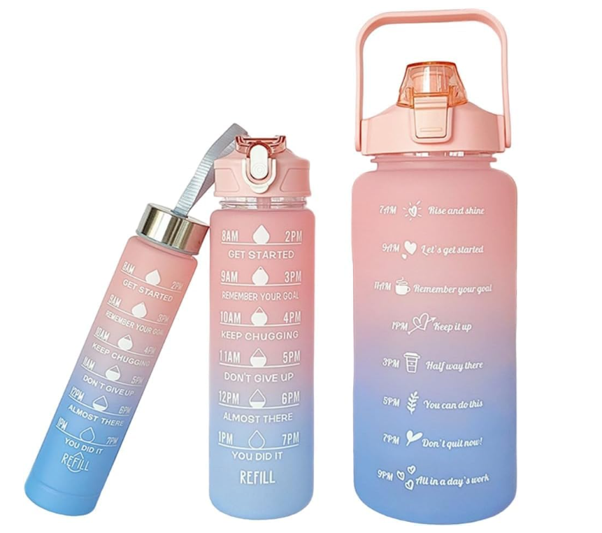 Sports Water Bottles 3 Pcs Set with Motivational Time Marker & Leak Proof Flip Top Lid for School, Fitness Enthusiasts & Indoor Outdoor Activities- Pink